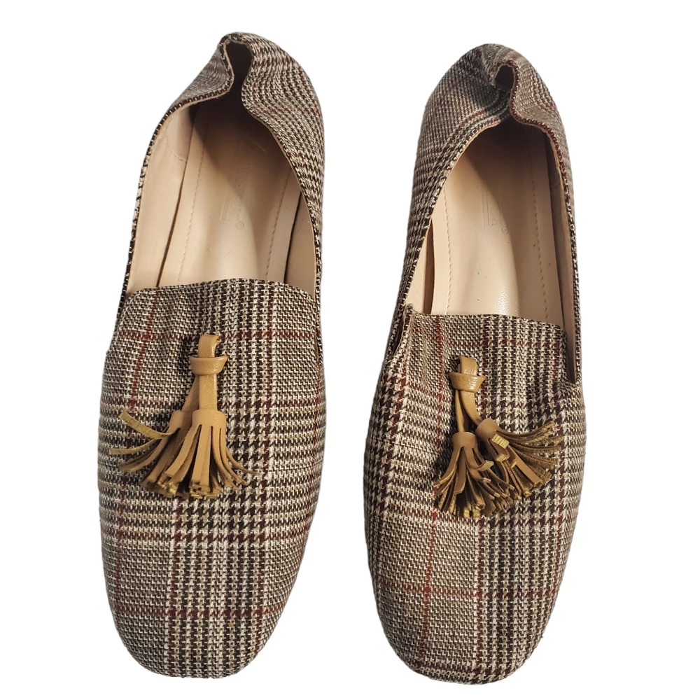 Modenpeak Women's Brown Plaid Tassel Loafers w/ Square Heel and Toe